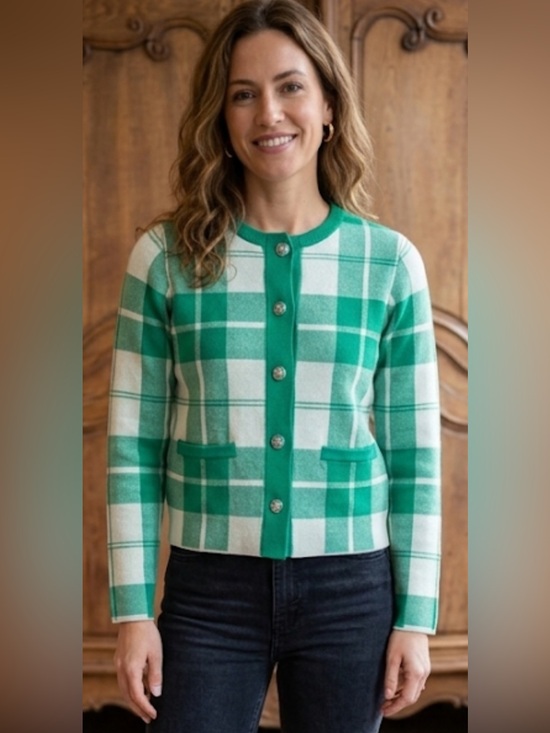 Cynthia Rowley Sweaters - Cynthia Rowley Plaid Button Up Cardigan Green and White Long Sleeve